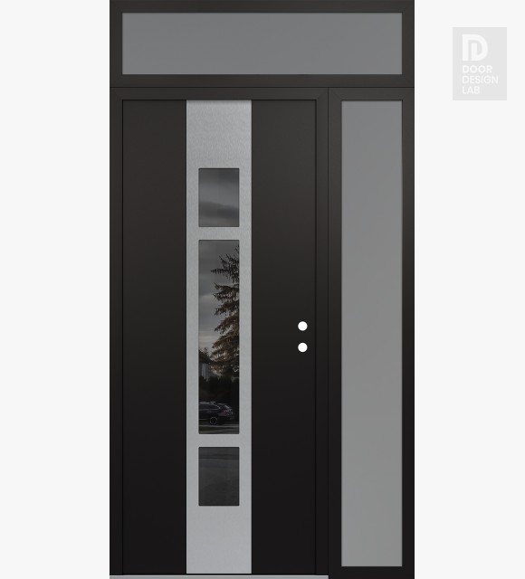 Modern Steel Front Door DIAMOND A9 50" X 96" BLACK/BLACK MIRRORED GLASS PANEL STAINLESS STEEL LHI WITH SIDELITE AND TRANSOM FROSTED GLASS