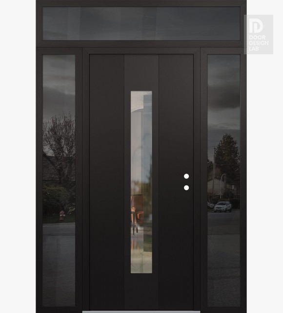 Modern Steel Front Door DIAMOND A1 68" X 96" BLACK/BLACK CLEAR GLASS PANEL BLACK LHI WITH 2 SIDELITES AND TRANSOM MIRRORED GLASS