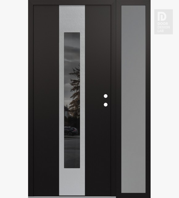 Modern Steel Front Door DIAMOND A1 52" X 80" BLACK/BLACK MIRRORED GLASS PANEL STAINLESS STEEL LHI WITH SIDELITE FROSTED GLASS