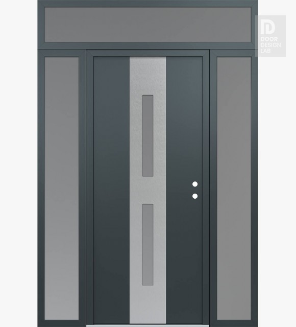 Modern Steel Front Door DIAMOND A6 68" X 96" ANTHRACITE/ANTHRACITE FROSTED GLASS PANEL STAINLESS STEEL LHI WITH 2 SIDELITES AND TRANSOM FROSTED GLASS