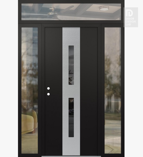 Modern Steel Front Door DIAMOND A6 64" X 96" BLACK/BLACK MIRRORED GLASS PANEL STAINLESS STEEL RHI WITH 2 SIDELITES AND TRANSOM CLEAR GLASS