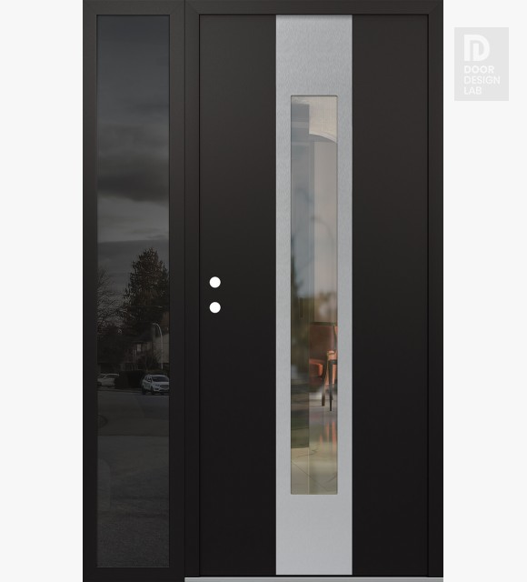 Modern Steel Front Door DIAMOND A1 48" X 80" BLACK/BLACK CLEAR GLASS PANEL STAINLESS STEEL RHI WITH SIDELITE MIRRORED GLASS