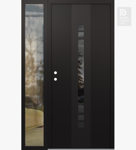 Modern Steel Front Door DIAMOND A4 50" X 80" BLACK/BLACK MIRRORED GLASS PANEL BLACK RHI WITH SIDELITE CLEAR GLASS