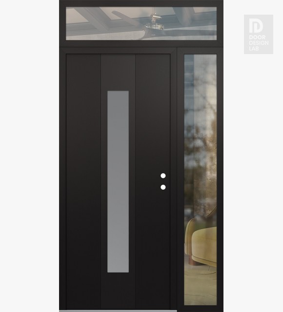 Modern Steel Front Door DIAMOND A1 52" X 96" BLACK/WHITE FROSTED GLASS PANEL BLACK LHI WITH SIDELITE AND TRANSOM CLEAR GLASS