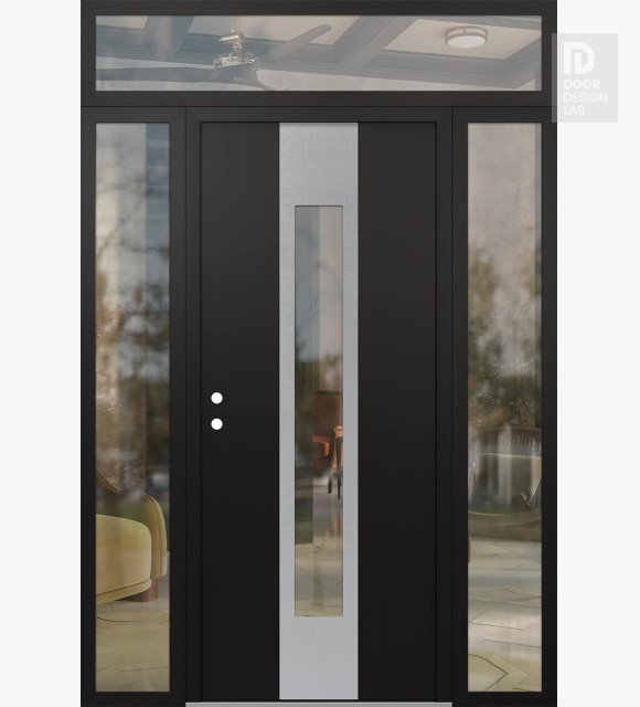 Modern Steel Front Door DIAMOND A1 68" X 96" BLACK/BLACK CLEAR GLASS PANEL STAINLESS STEEL RHI WITH 2 SIDELITES AND TRANSOM CLEAR GLASS