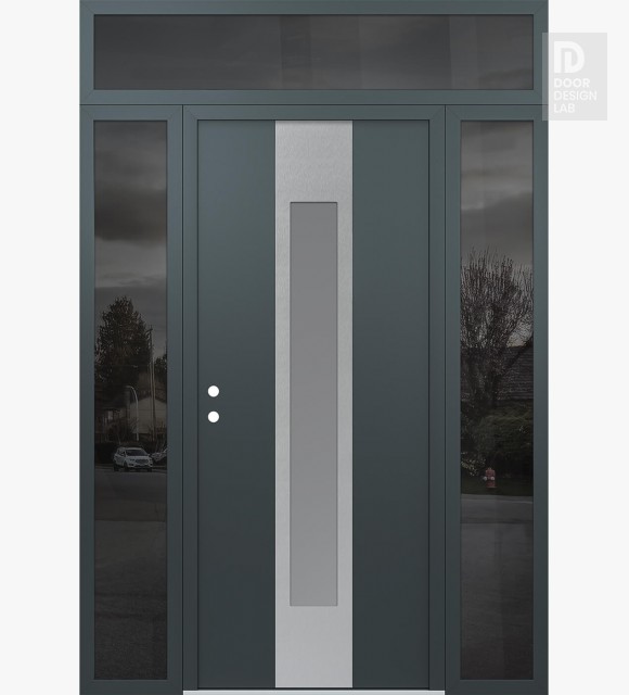 Modern Steel Front Door DIAMOND A1 68" X 96" ANTHRACITE/ANTHRACITE FROSTED GLASS PANEL STAINLESS STEEL RHI WITH 2 SIDELITES AND TRANSOM MIRRORED GLASS