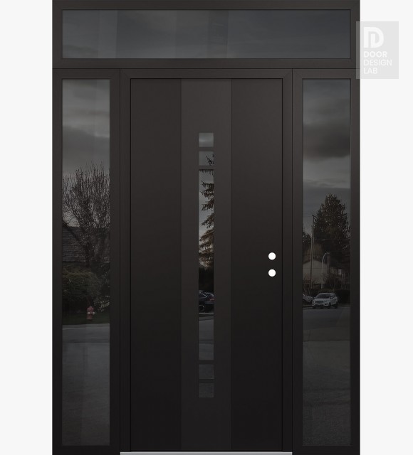 Modern Steel Front Door DIAMOND A4 60" X 96" BLACK/BLACK MIRRORED GLASS PANEL BLACK LHI WITH 2 SIDELITES AND TRANSOM MIRRORED GLASS