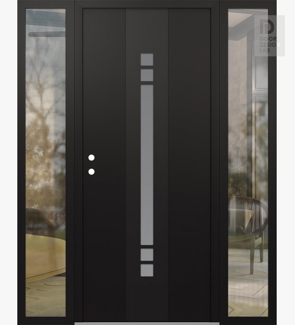 Modern Steel Front Door DIAMOND A4 60" X 80" BLACK/WHITE FROSTED GLASS PANEL BLACK RHI WITH 2 SIDELITES CLEAR GLASS