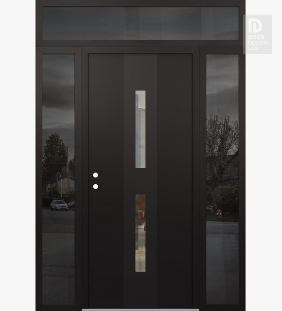 Modern Steel Front Door DIAMOND A6 60" X 96" BLACK/BLACK CLEAR GLASS PANEL BLACK RHI WITH 2 SIDELITES AND TRANSOM MIRRORED GLASS