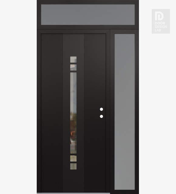 Modern Steel Front Door DIAMOND A4 52" X 96" BLACK/BLACK CLEAR GLASS PANEL BLACK LHI WITH SIDELITE AND TRANSOM FROSTED GLASS
