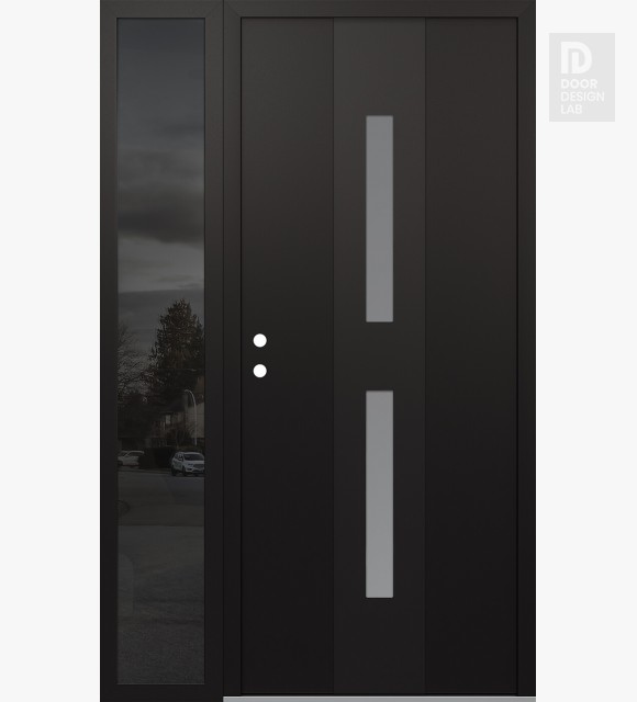 Modern Steel Front Door DIAMOND A6 50" X 80" BLACK/WHITE FROSTED GLASS PANEL BLACK RHI WITH SIDELITE MIRRORED GLASS