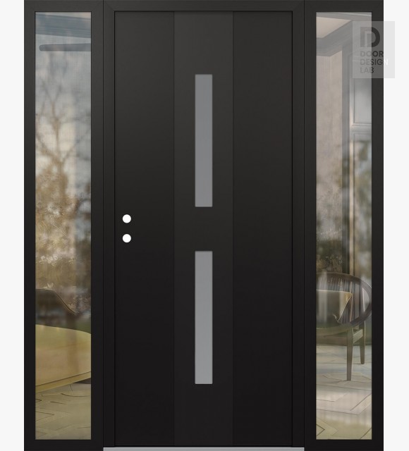 Modern Steel Front Door DIAMOND A6 60" X 80" BLACK/WHITE FROSTED GLASS PANEL BLACK RHI WITH 2 SIDELITES CLEAR GLASS