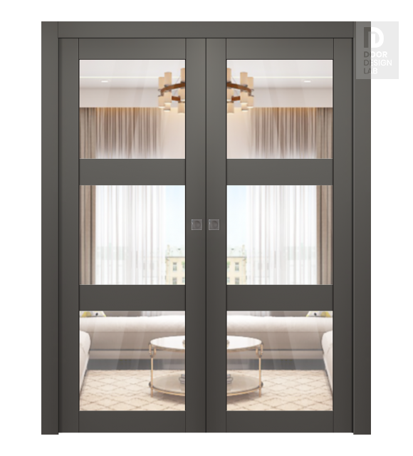 Avon 3 Lite Clear Vetro Gray Matte Modern Interior Double Pocket Doors by Belldinni