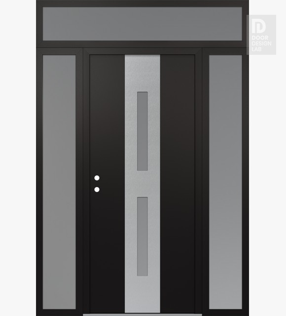 Modern Steel Front Door DIAMOND A6 60" X 96" BLACK/WHITE FROSTED GLASS PANEL STAINLESS STEEL RHI WITH 2 SIDELITES AND TRANSOM FROSTED GLASS