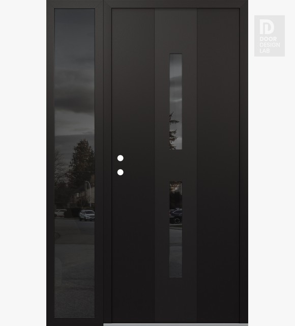 Modern Steel Front Door DIAMOND A6 52" X 80" BLACK/BLACK MIRRORED GLASS PANEL BLACK RHI WITH SIDELITE MIRRORED GLASS