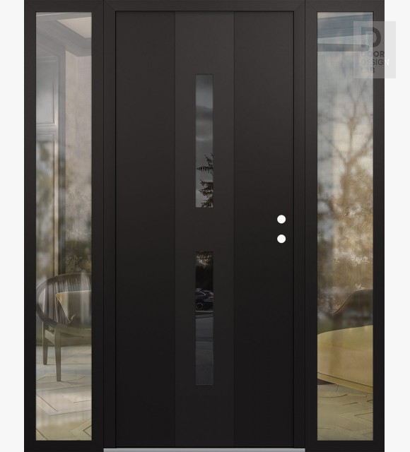Modern Steel Front Door DIAMOND A6 64" X 80" BLACK/BLACK MIRRORED GLASS PANEL BLACK LHI WITH 2 SIDELITES CLEAR GLASS