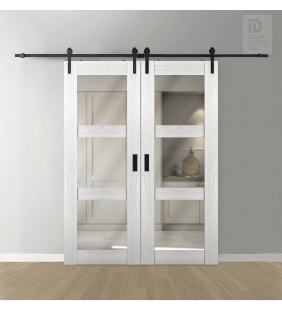 DOUBLE BARN DOOR AVON 3 LITE VETRO RIBEIRA ASH 36" X 96" X 1 3/4" BLACK HARDWARE