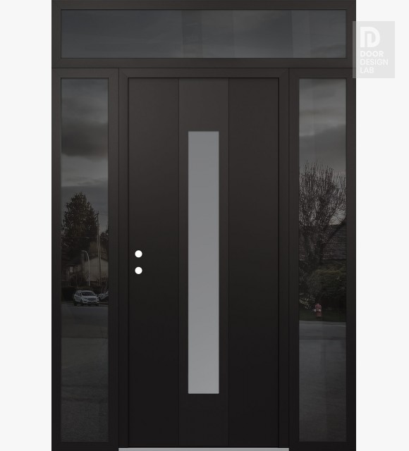 Modern Steel Front Door DIAMOND A1 68" X 96" BLACK/WHITE FROSTED GLASS PANEL BLACK RHI WITH 2 SIDELITES AND TRANSOM MIRRORED GLASS