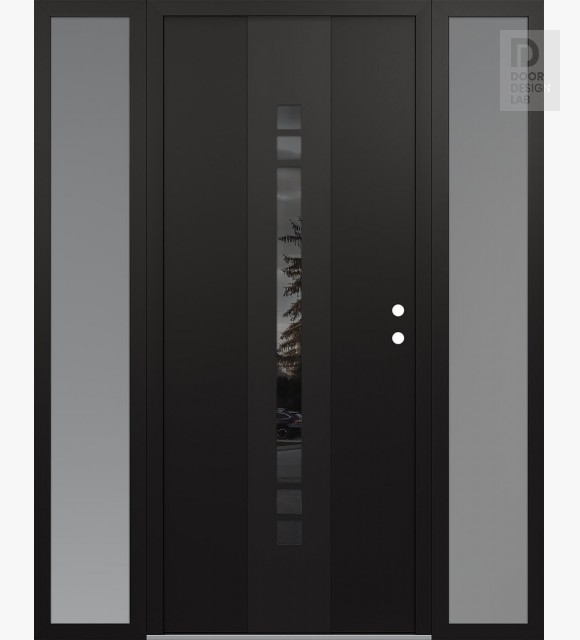 Modern Steel Front Door DIAMOND A4 68" X 80" BLACK/BLACK MIRRORED GLASS PANEL BLACK LHI WITH 2 SIDELITES FROSTED GLASS