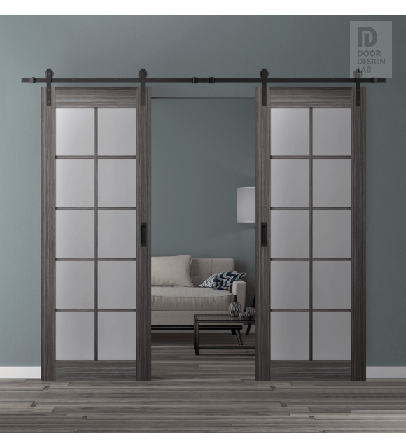 DOUBLE BARN DOOR PALLADIO 10 LITE VETRO GRAY OAK 48" X 84" X 1 9/16" TEMPERED FROSTED GLASS BLACK HARDWARE