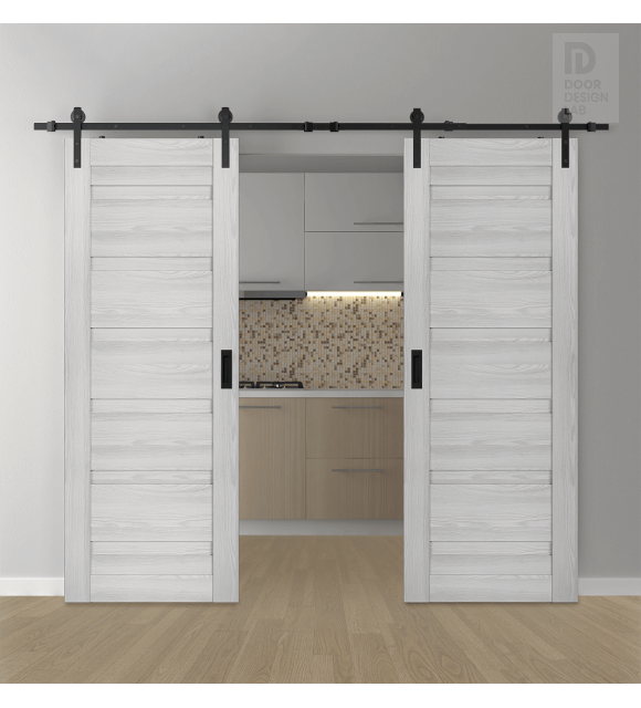 DOUBLE BARN DOOR LOUVER RIBEIRA ASH 60" X 80" X 1 3/4" BLACK HARDWARE