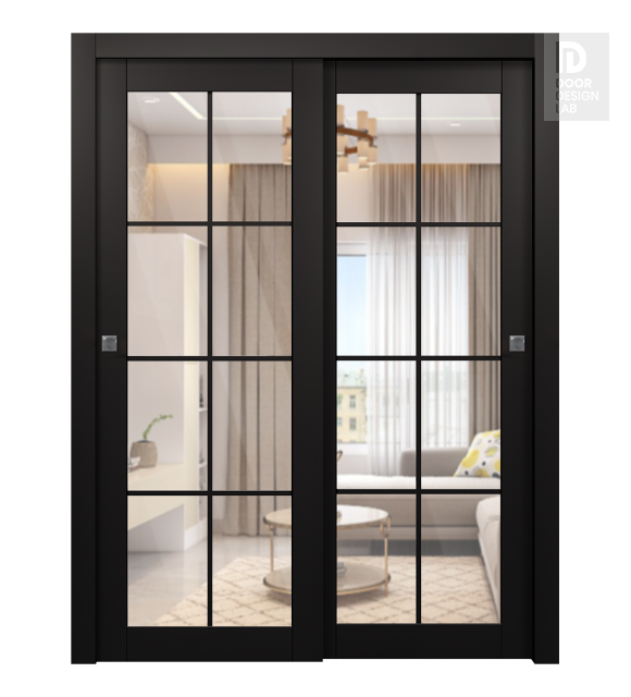 Avon 8 Lite Clear Vetro Black Matte Modern Interior Bypass Doors by Belldinni