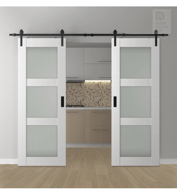 DOUBLE BARN DOOR PALLADIO 3 LITE VETRO BIANCO NOBLE 72" X 96" X 1 9/16" TEMPERED FROSTED GLASS BLACK HARDWARE