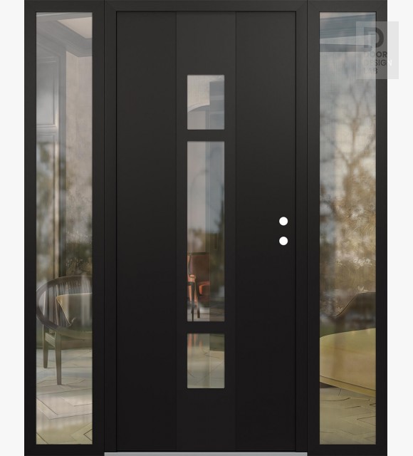 Modern Steel Front Door DIAMOND A9 68" X 80" BLACK/BLACK CLEAR GLASS PANEL BLACK LHI WITH 2 SIDELITES CLEAR GLASS