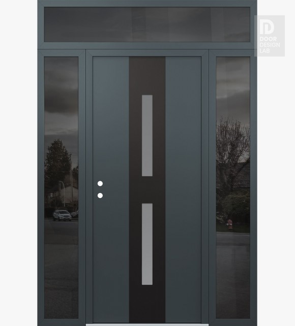 Modern Steel Front Door DIAMOND A6 64" X 96" ANTHRACITE/ANTHRACITE FROSTED GLASS PANEL BLACK RHI WITH 2 SIDELITES AND TRANSOM MIRRORED GLASS
