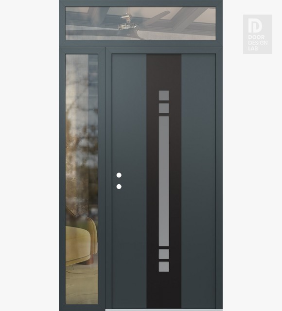 Modern Steel Front Door DIAMOND A4 50" X 96" ANTHRACITE/ANTHRACITE FROSTED GLASS PANEL BLACK RHI WITH SIDELITE AND TRANSOM CLEAR GLASS