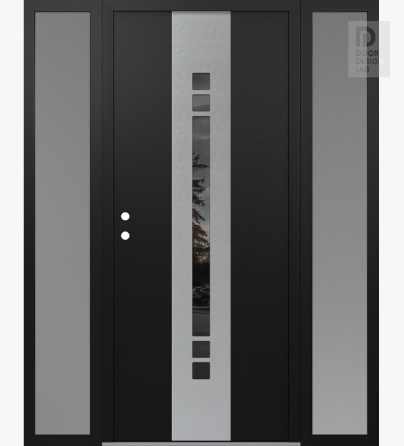 Modern Steel Front Door DIAMOND A4 68" X 80" BLACK/BLACK MIRRORED GLASS PANEL STAINLESS STEEL RHI WITH 2 SIDELITES FROSTED GLASS