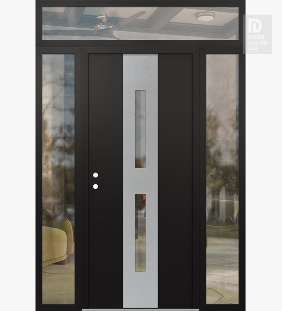 Modern Steel Front Door DIAMOND A6 60" X 96" BLACK/BLACK CLEAR GLASS PANEL STAINLESS STEEL RHI WITH 2 SIDELITES AND TRANSOM CLEAR GLASS