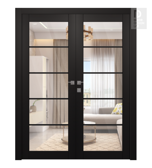 Avon 5 Lite Clear Vetro Black Matte Modern Interior Double Swing Doors by Belldinni