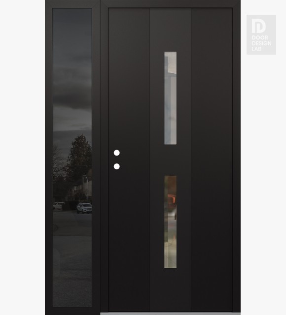 Modern Steel Front Door DIAMOND A6 50" X 80" BLACK/BLACK CLEAR GLASS PANEL BLACK RHI WITH SIDELITE MIRRORED GLASS