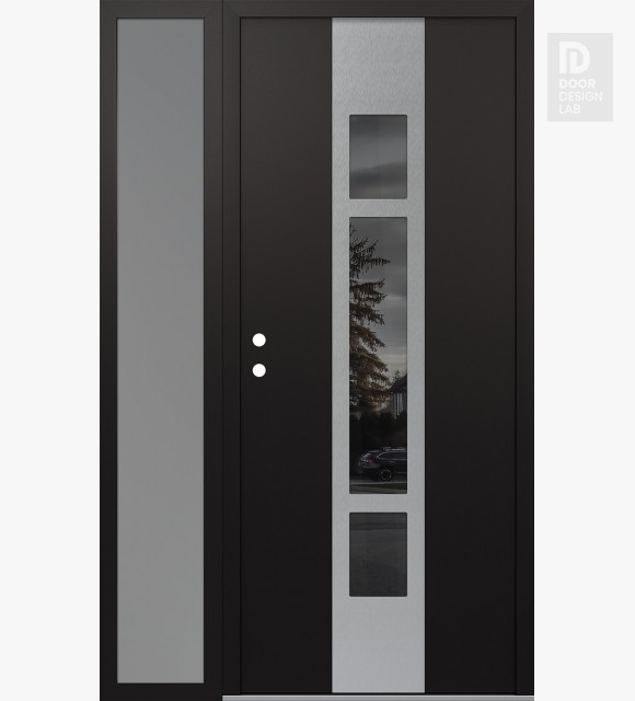 Modern Steel Front Door DIAMOND A9 50" X 80" BLACK/BLACK MIRRORED GLASS PANEL STAINLESS STEEL RHI WITH SIDELITE FROSTED GLASS