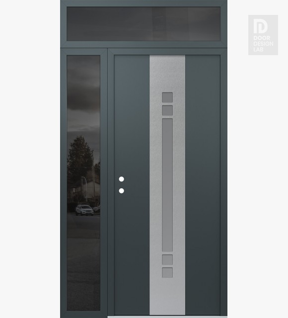 Modern Steel Front Door DIAMOND A4 50" X 96" ANTHRACITE/ANTHRACITE FROSTED GLASS PANEL STAINLESS STEEL RHI WITH SIDELITE AND TRANSOM MIRRORED GLASS