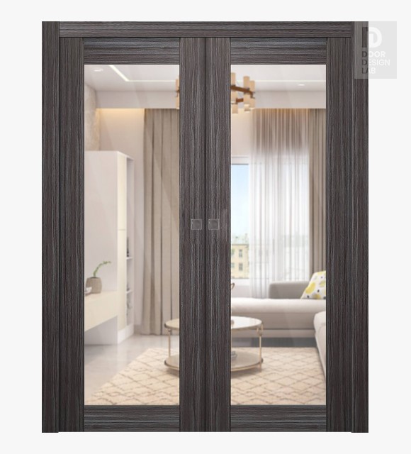 Palladio 207 Clear Vetro Gray Oak Modern Interior Double Pocket Doors by Belldinni