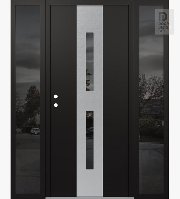 Modern Steel Front Door DIAMOND A6 64" X 80" BLACK/BLACK MIRRORED GLASS PANEL STAINLESS STEEL RHI WITH 2 SIDELITES MIRRORED GLASS