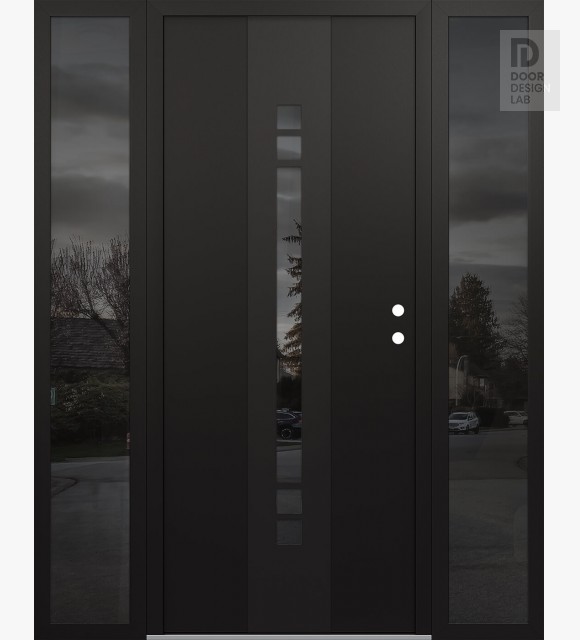Modern Steel Front Door DIAMOND A4 60" X 80" BLACK/BLACK MIRRORED GLASS PANEL BLACK LHI WITH 2 SIDELITES MIRRORED GLASS