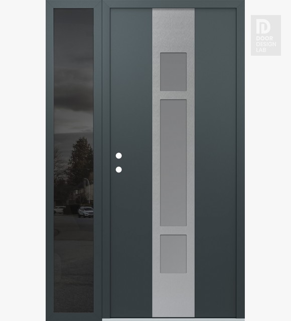 Modern Steel Front Door DIAMOND A9 52" X 80" ANTHRACITE/ANTHRACITE FROSTED GLASS PANEL STAINLESS STEEL RHI WITH SIDELITE MIRRORED GLASS