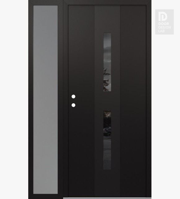 Modern Steel Front Door DIAMOND A6 50" X 80" BLACK/BLACK MIRRORED GLASS PANEL BLACK RHI WITH SIDELITE FROSTED GLASS