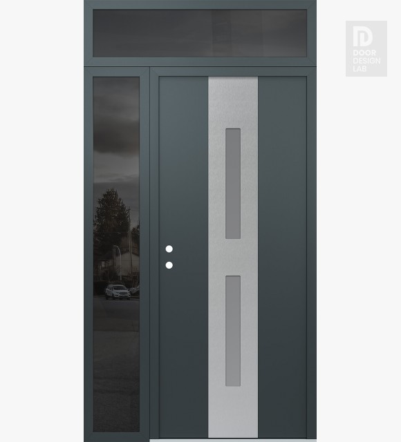 Modern Steel Front Door DIAMOND A6 50" X 96" ANTHRACITE/ANTHRACITE FROSTED GLASS PANEL STAINLESS STEEL RHI WITH SIDELITE AND TRANSOM MIRRORED GLASS