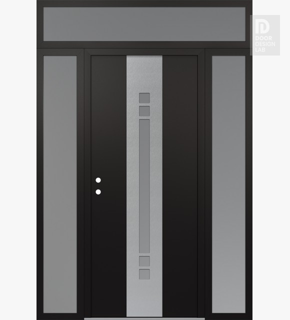 Modern Steel Front Door DIAMOND A4 60" X 96" BLACK/WHITE FROSTED GLASS PANEL STAINLESS STEEL RHI WITH 2 SIDELITES AND TRANSOM FROSTED GLASS