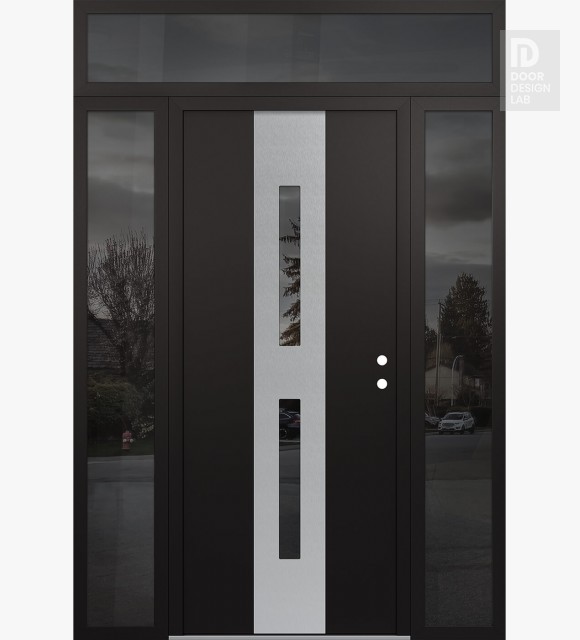 Modern Steel Front Door DIAMOND A6 60" X 96" BLACK/BLACK MIRRORED GLASS PANEL STAINLESS STEEL LHI WITH 2 SIDELITES AND TRANSOM MIRRORED GLASS