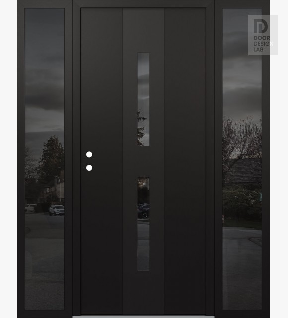Modern Steel Front Door DIAMOND A6 68" X 80" BLACK/BLACK MIRRORED GLASS PANEL BLACK RHI WITH 2 SIDELITES MIRRORED GLASS