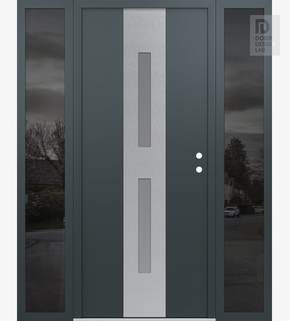 Modern Steel Front Door DIAMOND A6 68" X 80" ANTHRACITE/ANTHRACITE FROSTED GLASS PANEL STAINLESS STEEL LHI WITH 2 SIDELITES MIRRORED GLASS