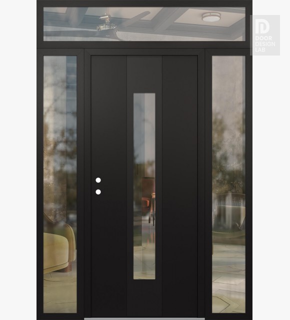Modern Steel Front Door DIAMOND A1 68" X 96" BLACK/BLACK CLEAR GLASS PANEL BLACK RHI WITH 2 SIDELITES AND TRANSOM CLEAR GLASS