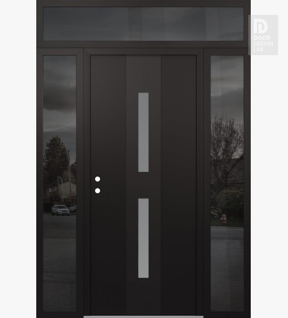 Modern Steel Front Door DIAMOND A6 60" X 96" BLACK/WHITE FROSTED GLASS PANEL BLACK RHI WITH 2 SIDELITES AND TRANSOM MIRRORED GLASS