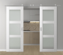 DOUBLE BARN DOOR PALLADIO 3 LITE VETRO BIANCO NOBLE 56" X 80" X 1 9/16" TEMPERED FROSTED GLASS STAINLESS STEEL HARDWARE