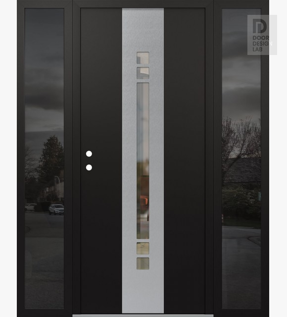Modern Steel Front Door DIAMOND A4 68" X 80" BLACK/BLACK CLEAR GLASS PANEL STAINLESS STEEL RHI WITH 2 SIDELITES MIRRORED GLASS